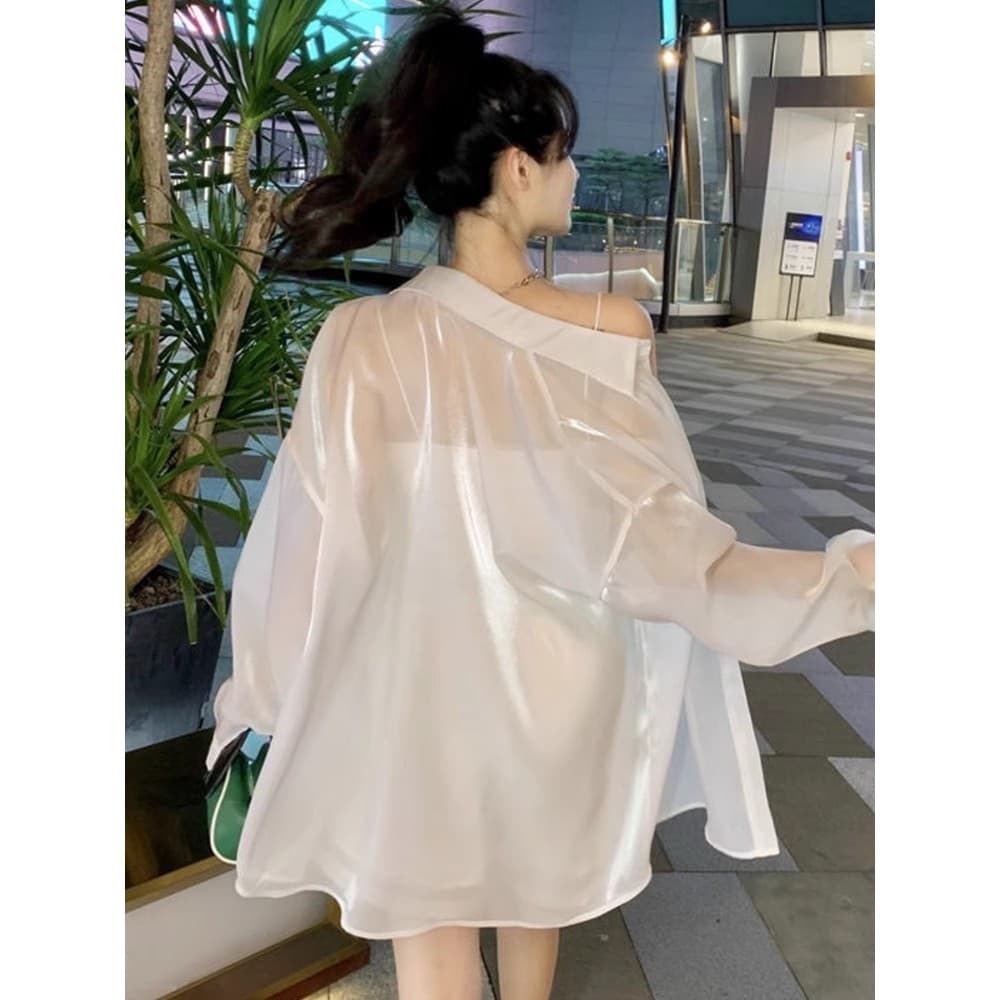 Pérola areia gelo seda protetor solar camisa feminina verão estilo fino com saia estilingue exterior Cardigan ar condici