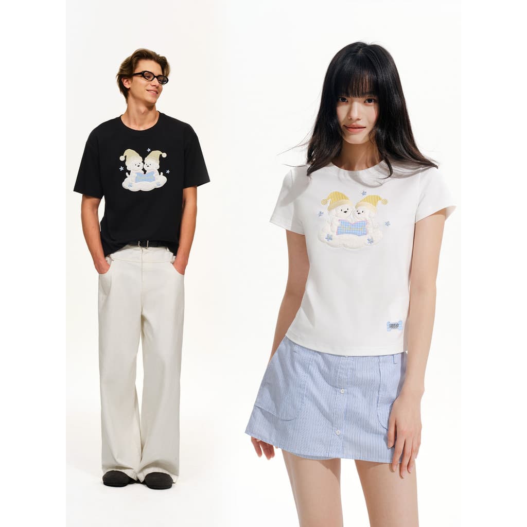 PSO marca roupas masculinas roupas femininas bonito filhote de cachorro em torno do pescoço de manga curta camiseta femi