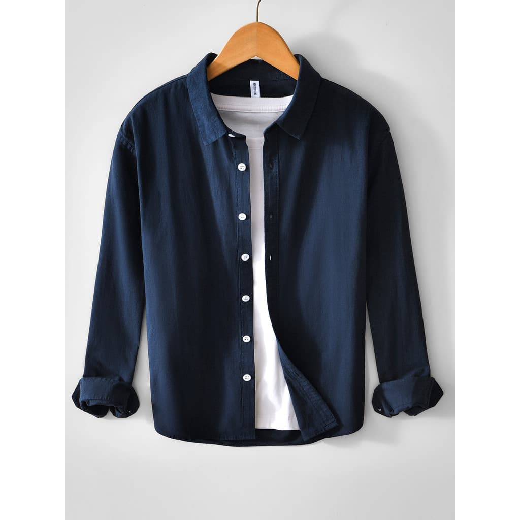 Primavera outono Retro azul marinho algodão cor sólida camisa masculina High-End sentido negócios Commuter Casual camisa
