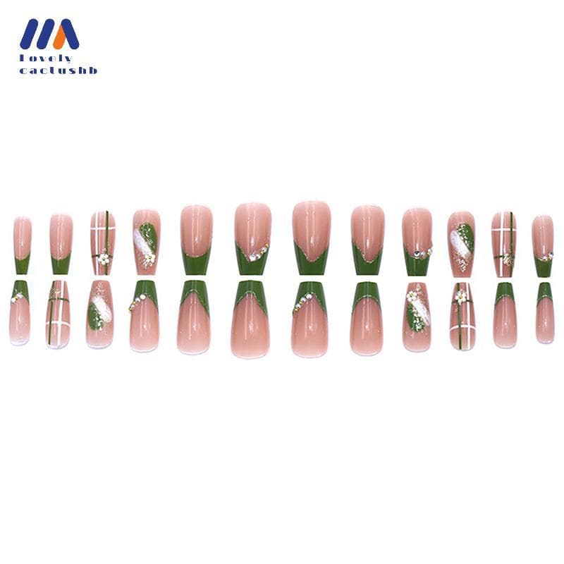 lovelycactushb 24 Peças Prensa Verde De Verão Em Cabeça Quadrada Unhas Falsas Com Cola Rosa Brilhante Dedo Artificial Ma