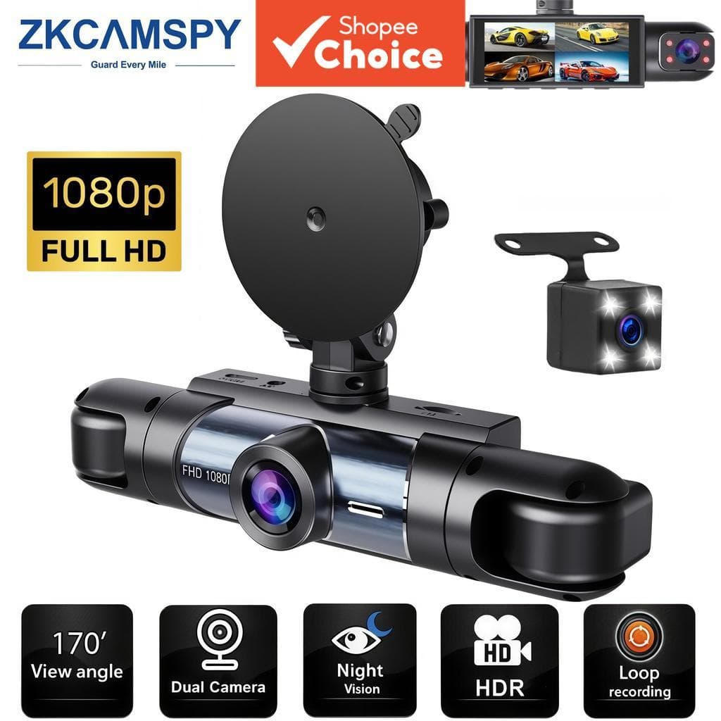 Câmera Veicular 360° Gravador de Vídeo Automático Frontal, Traseira e Interna