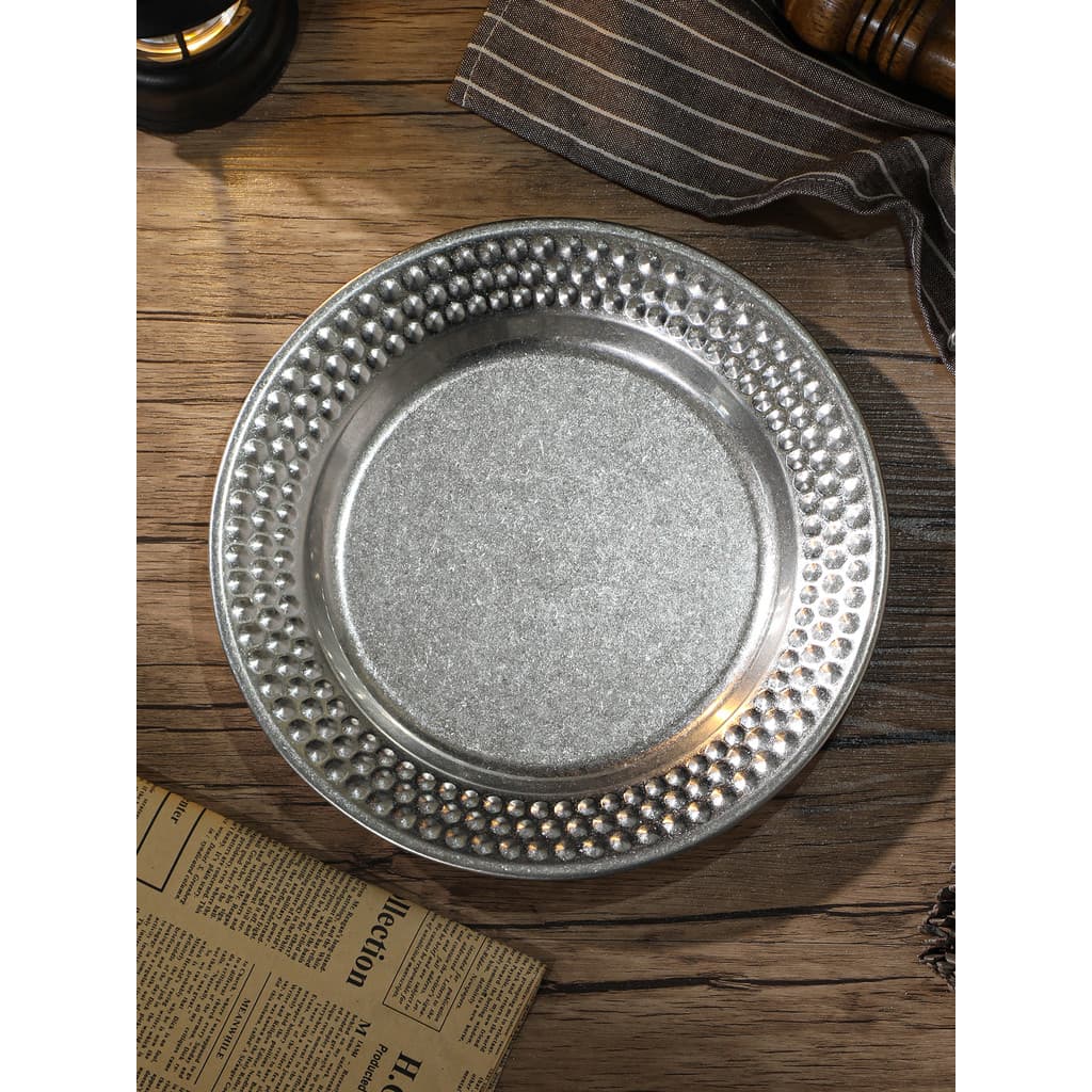 Prato de jantar redondo de aço inoxidável retrô, quadro martelado, placa doméstica, estilo americano, placa de prata des
