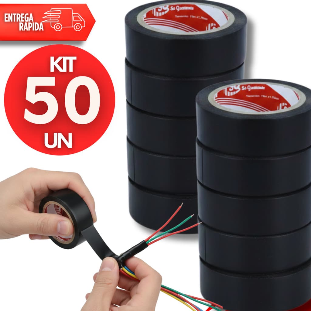 KIT 50 Fitas Isolante Preta Antichamas 5 Metros Alta Resistência para Instalações Elétricas Praticidades