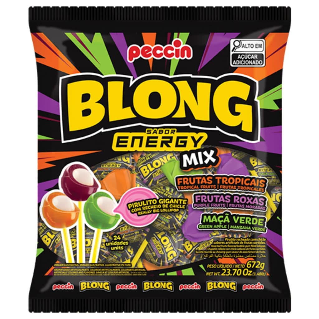 Pirulito Energy Mix Recheado com Chiclete 24un | Frutas Tropicais, Frutas Roxas e Maçã Verde