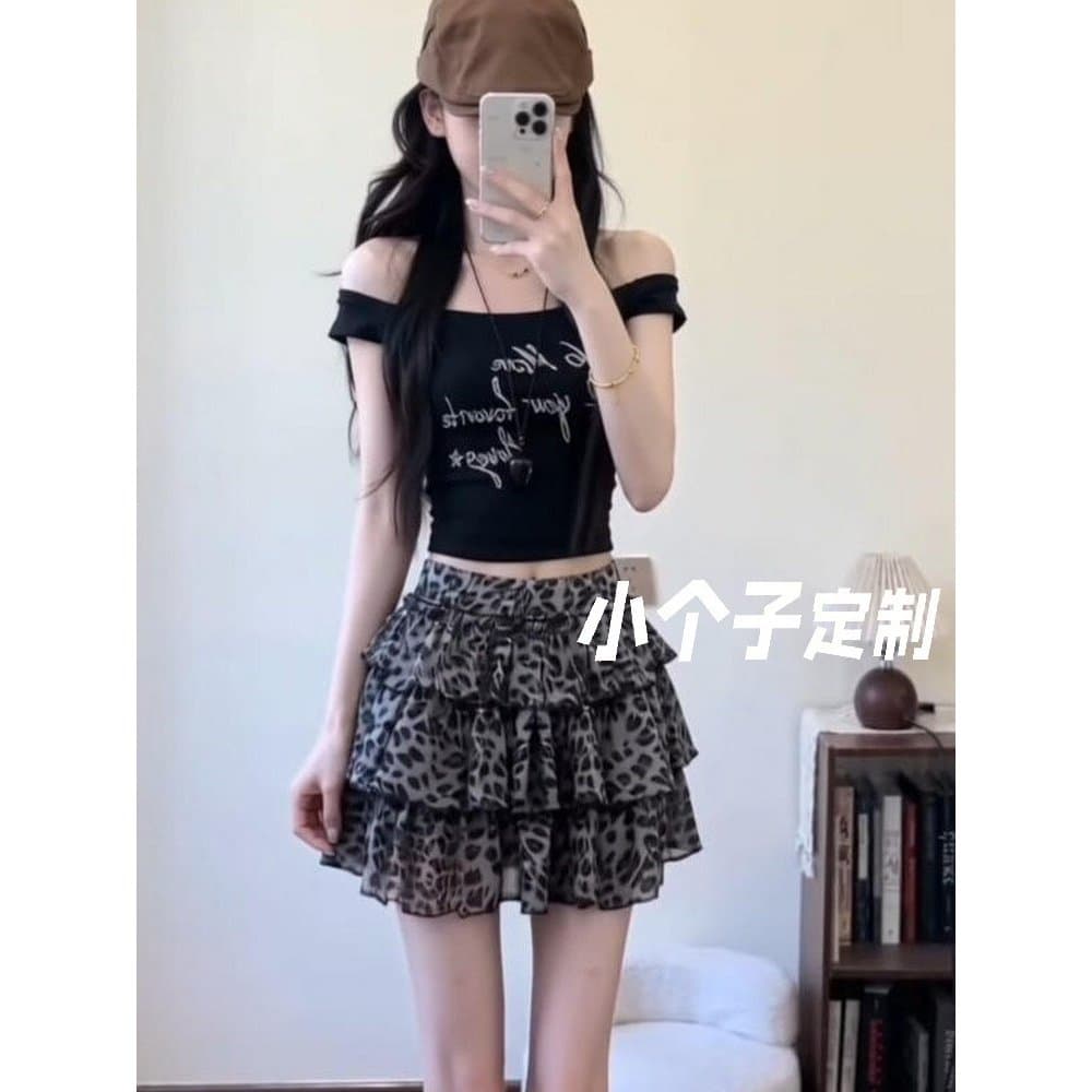 Menina quente Retro leopardo impressão A linha bolo saia curta feminina verão pequeno elástico cintura alta saia Puff Al