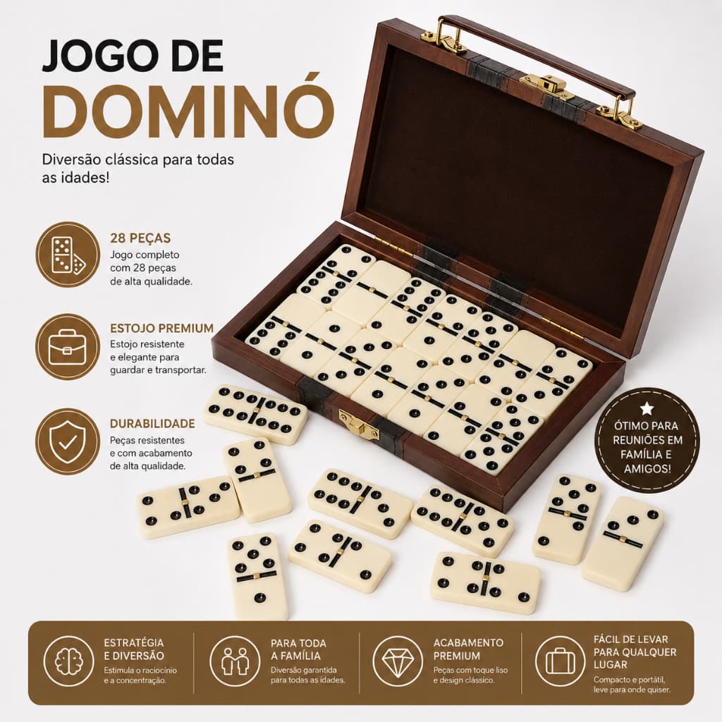 Jogo de Dominó Profissional 28 Peças Estojo Luxo Madeira Portátil Completo Para Família e Amigos