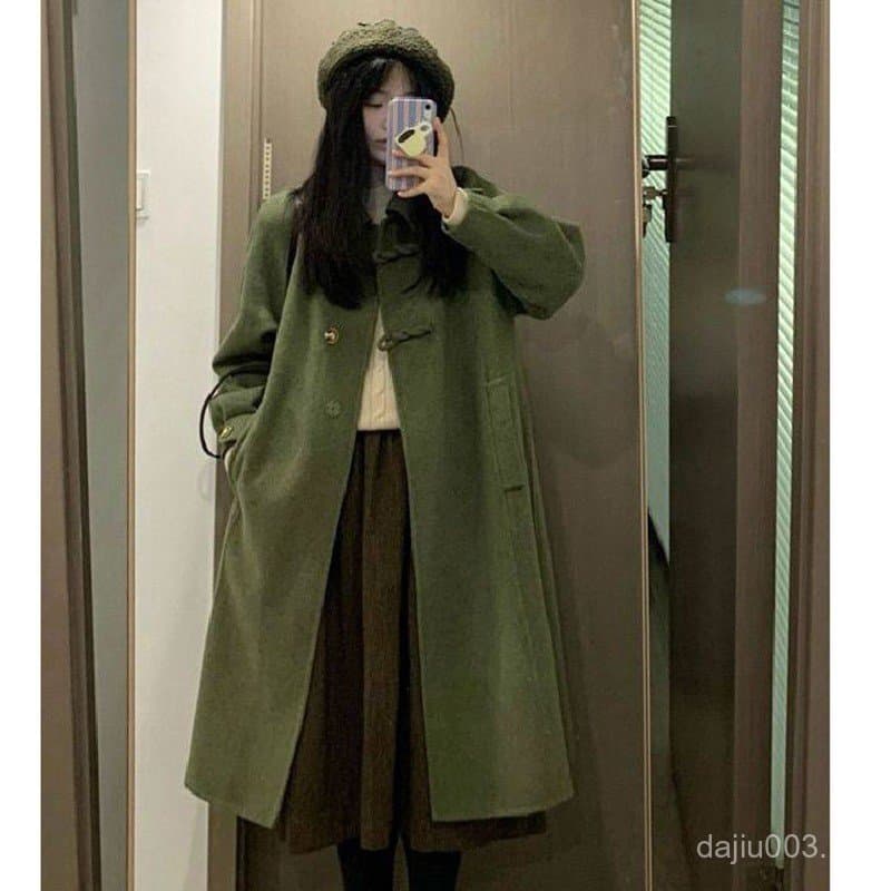 ⭐ ⭐ Casaco feminino de lã verde, novo estilo de inverno 2025, jaqueta de lã no estilo Hepburn, comprimento médio para fi