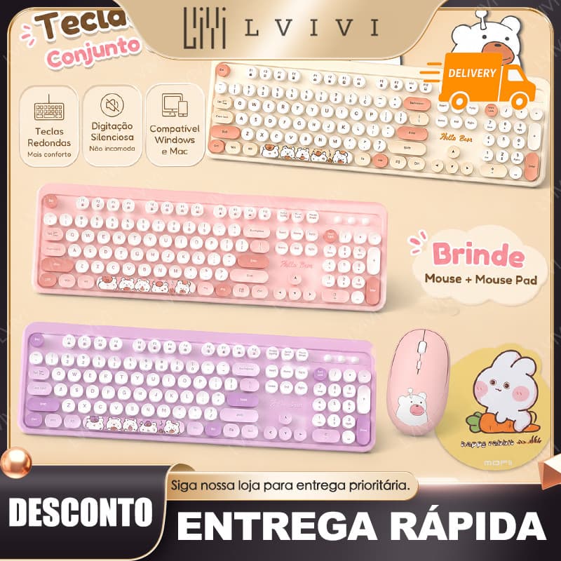 Teclado e Mouse Sem Fio Kit Hello Bear Geezer 2.4G  Wireless Várias Cores com Mousepad de Brinde