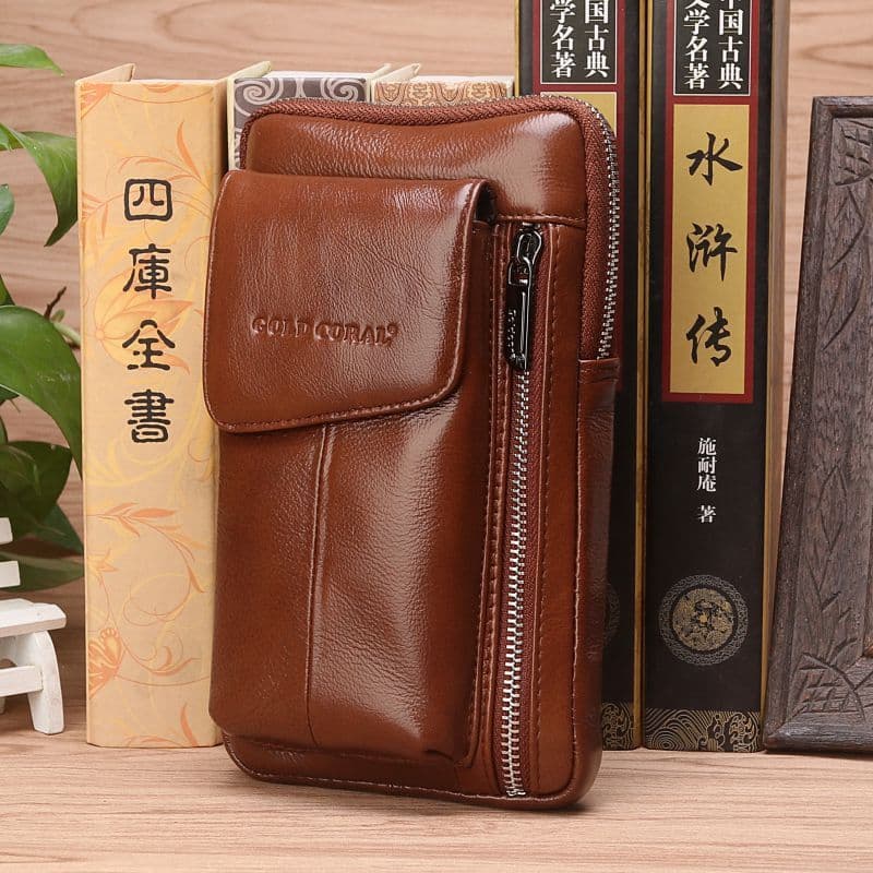 Cinto de couro masculino Coral dourado, embalagem de cintura, bolsa de cintura para celular, 22cm, 23cm, grande capacida