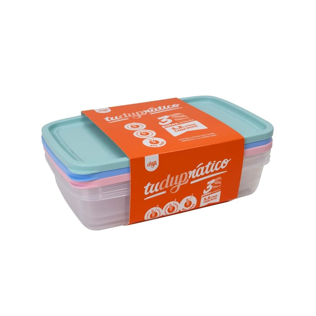 Kit 3 Pote Hermético 1,2L Micro-ondas Freezer Marmita Plástico Sem Bpa Antivazamento Geladeira Lancheira Guardar Comida