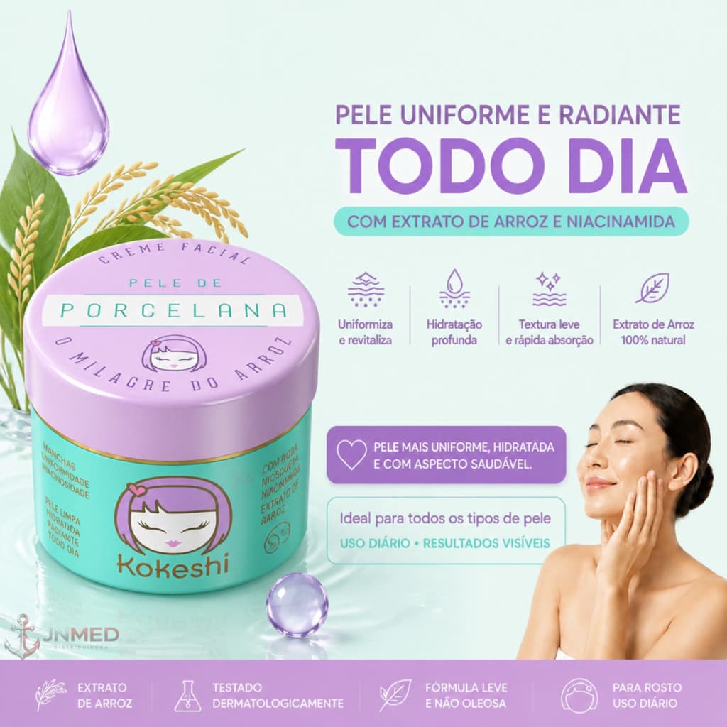 Hidratante Creme Facial Pele De Porcelana Kokeshi 30g Milagre do Arroz Skincare