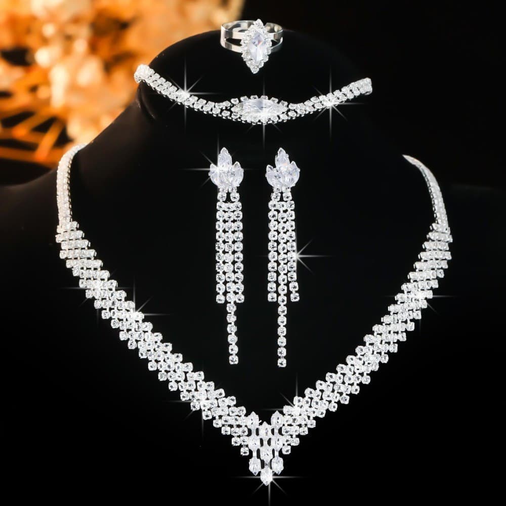 Conjunto de Quatro Peças de Joias de Casamento Elegantes: Colar, Brincos, Anel e Pulseira, Joias de Casamento de Alta Qu