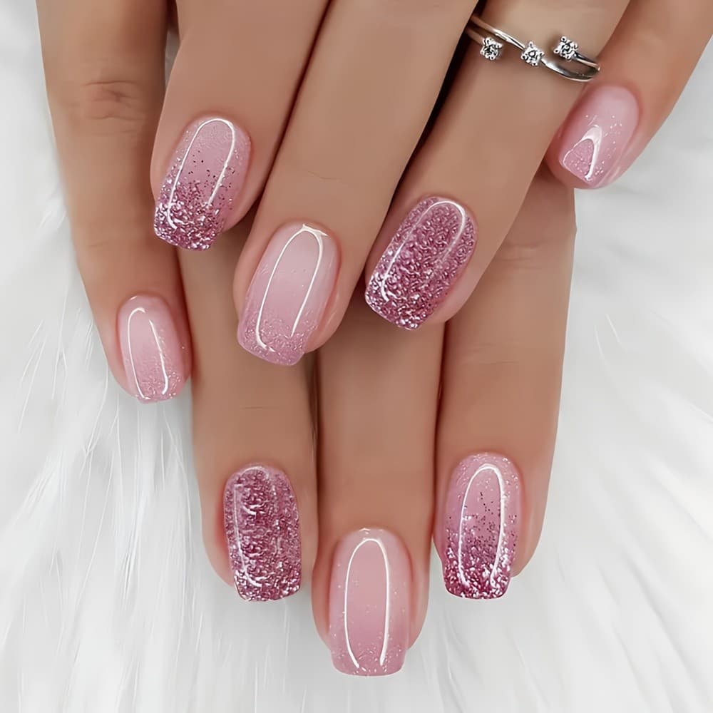 24 peças de unhas falsas reutilizáveis com brilho médio quadrado rosa céu estrelado, com borda pontiaguda brilhante - un