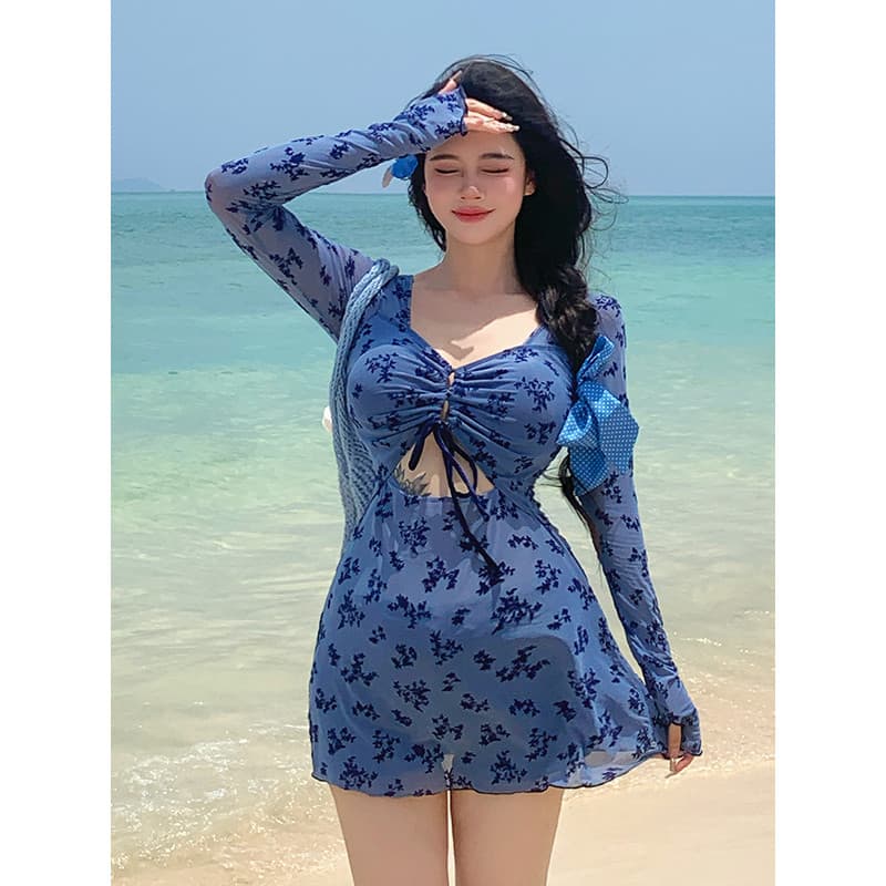 Maiô Floral azul feminino, saia dividida gorda mm, protetor solar de manga comprida conservador, férias à beira-mar, tam