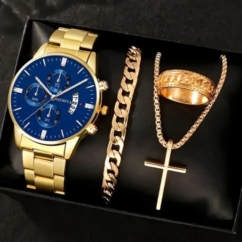 Relógio masculino na moda moda falso calendário de três olhos relógio 4 pçs/set masculino preto minimalista relógio de q