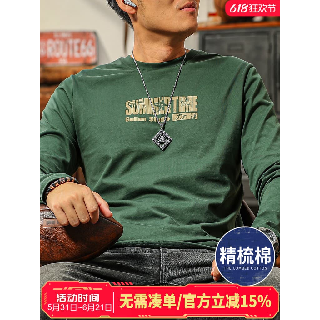 Jiyan camiseta masculina de manga comprida puro algodão primavera outono novo estilo impresso em torno do pescoço High-E