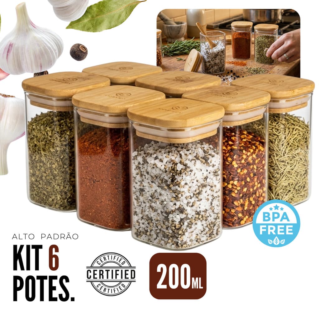 Kit Potes De Vidro Hermético Quadrado 200ml com Tampa de Bambu Ultra Premium Porta Condimentos