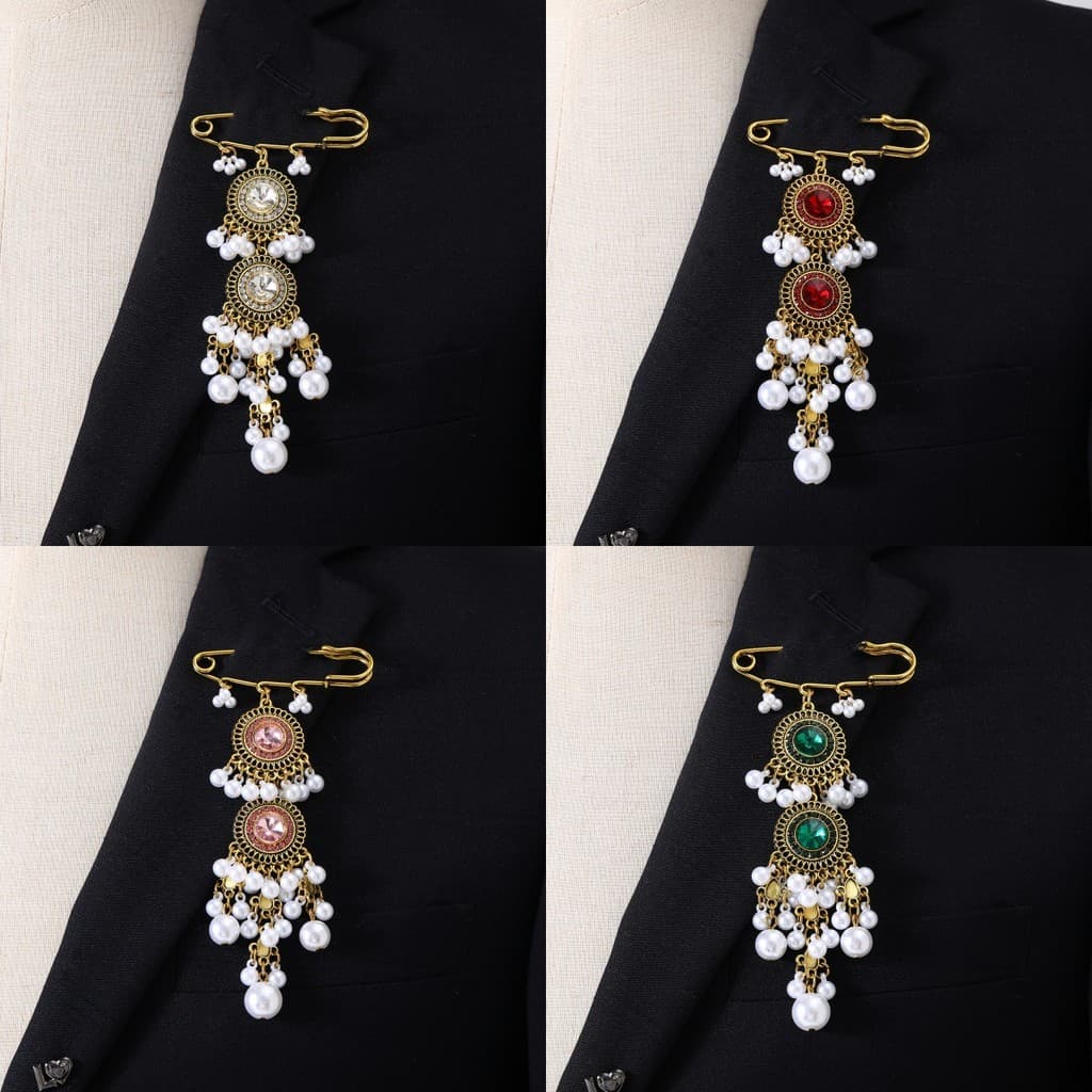 Pérola borla broche feminino francês Retro diamante terno pino elegante acessórios High-End Corsage