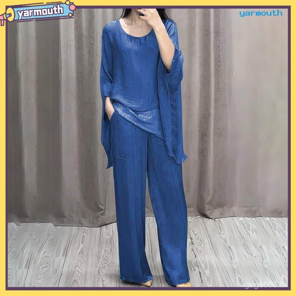 Conjunto Casual Feminino com Blusa de Detalhe, Calças de Perna Larga, Estilo Solto para Festa em Casa, Escritório, Decot