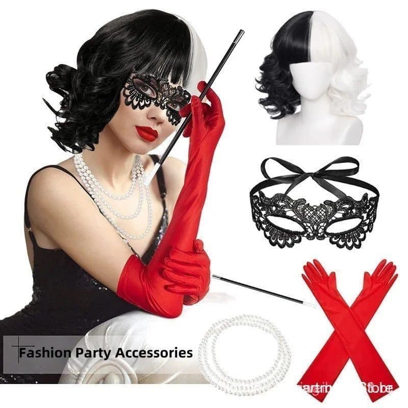 Peruca Cacheada da Cruella De Vil, Meio Preta e Meio Branca, Cosplay para Mulheres, Cabelo Curto, Festa de Halloween + T