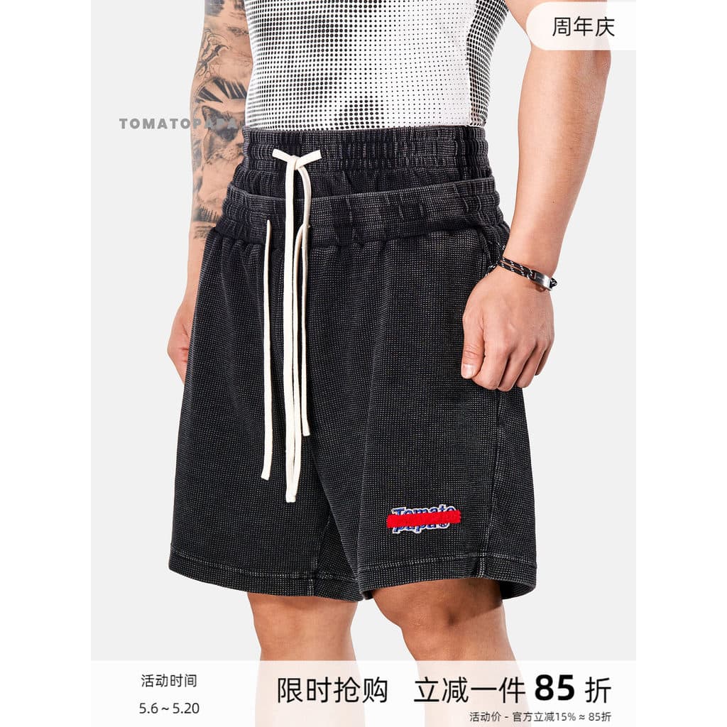 TOMATEPAPA Calça masculina solta reta cortada com costura desgastada cintura dupla com cordão Casual Waffle Shorts