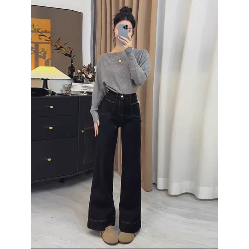 Preto em linha reta Jeans feminino 2026 verão novo estilo moda cintura alta mais magro olhar All-Match elegante solto ca