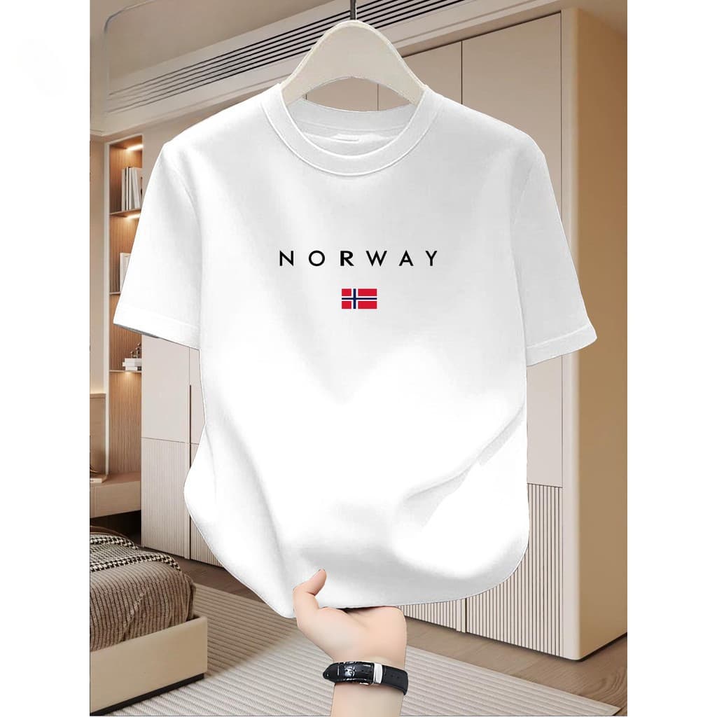 Camiseta Masculina 100% Algodão -Manga Curta Bandeira Noruega, Camisa Verão, Praia e Viagem