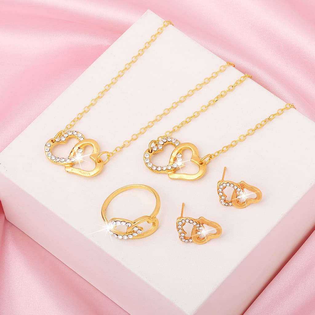 Novo conjunto de jóias de luxo cheio de diamante duplo amor colar pulseira brincos pulseira pingente conjunto de quatro