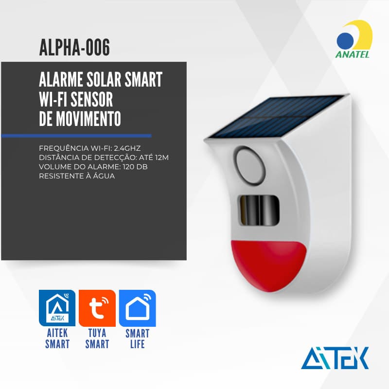 SIRENE SENSOR DE PRESENÇA ALARME SOLAR COM BATERIA RESISTENTE A AGUA WIFI APP TUYA ALPHA-006 AITEK