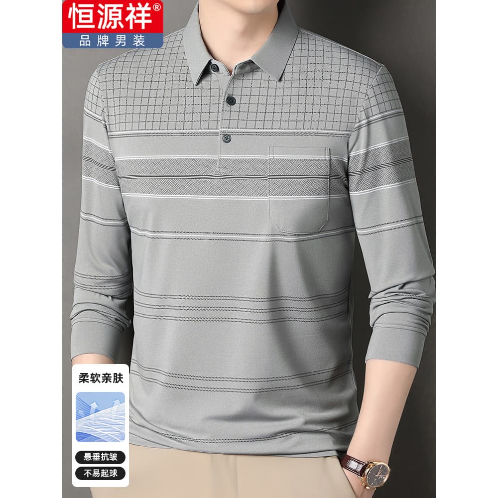 Hengyuanxiang camiseta masculina de manga comprida de meia-idade primavera outono novo estilo lapela listrada com bolsos