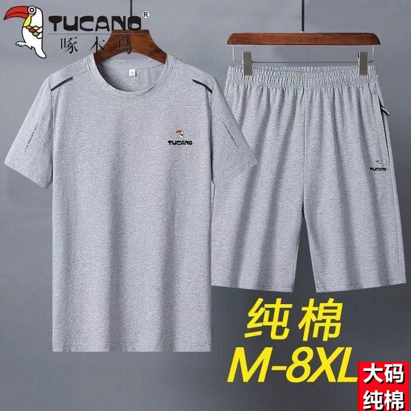 Woodpecker puro algodão manga curta terno masculino verão Plus Size camiseta de meia-idade Shorts soltos esportes casuai