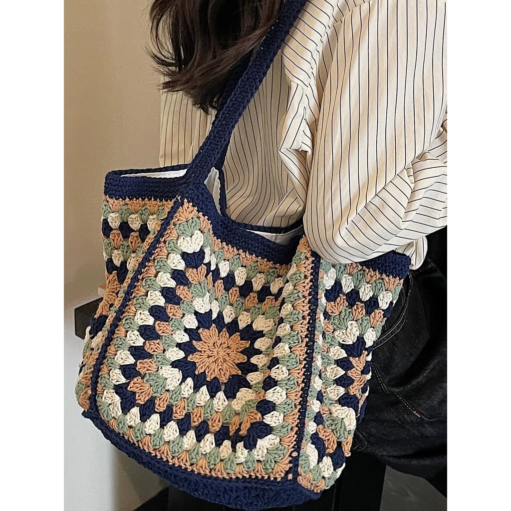 Bolsa Tote francesa estilo preguiçoso de grande capacidade feminina novo estilo azul boêmio étnico tecido bolsa de praia