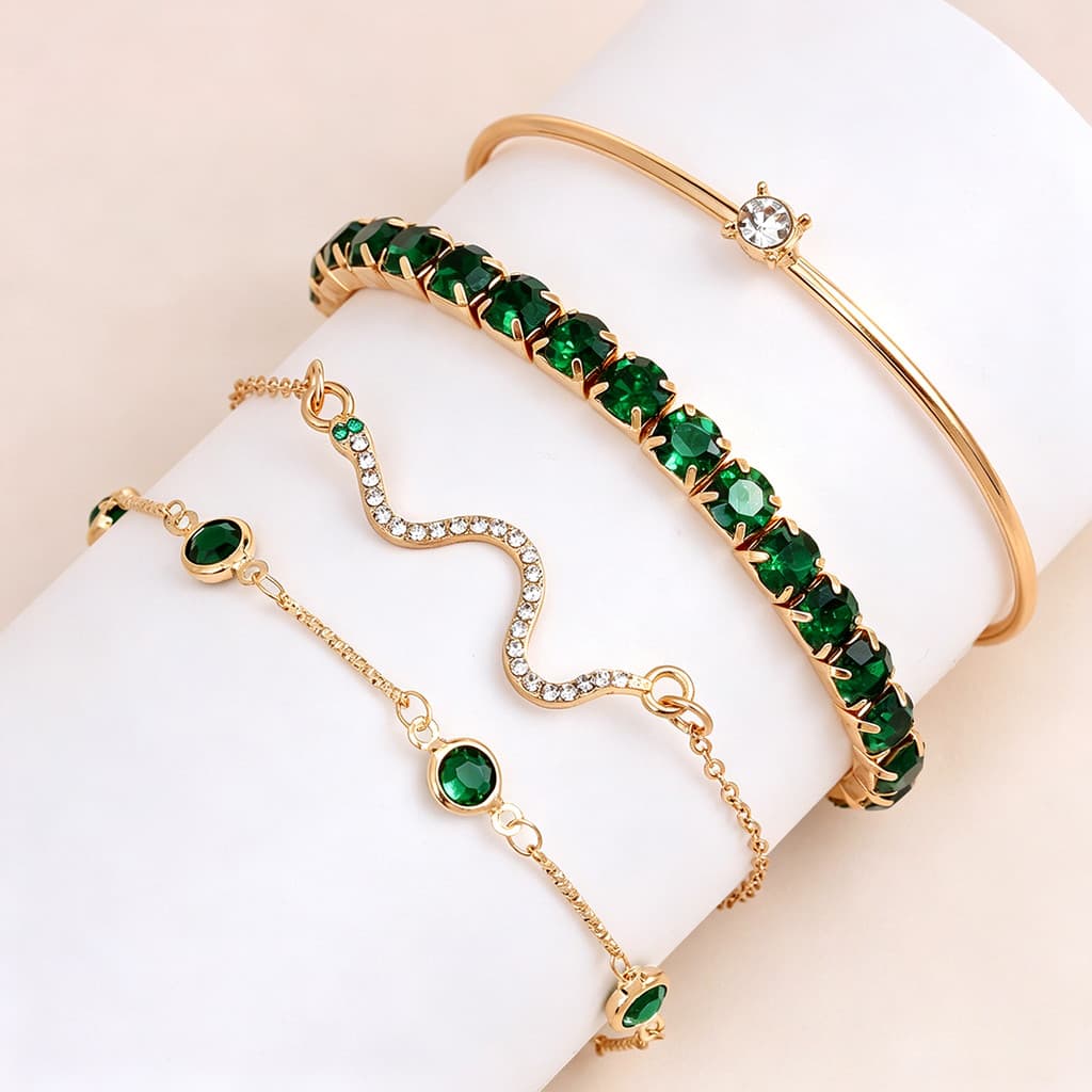4 Pçs/Set Imitação De Pedra Preciosa Strass Garra Corrente Cobra Verde Pulseira Conjunto Elegante Aberto Para Mulheres M