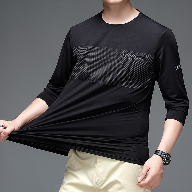 Roupas de secagem rápida de seda gelo primavera verão manga comprida camiseta masculina leve em torno do pescoço solto r