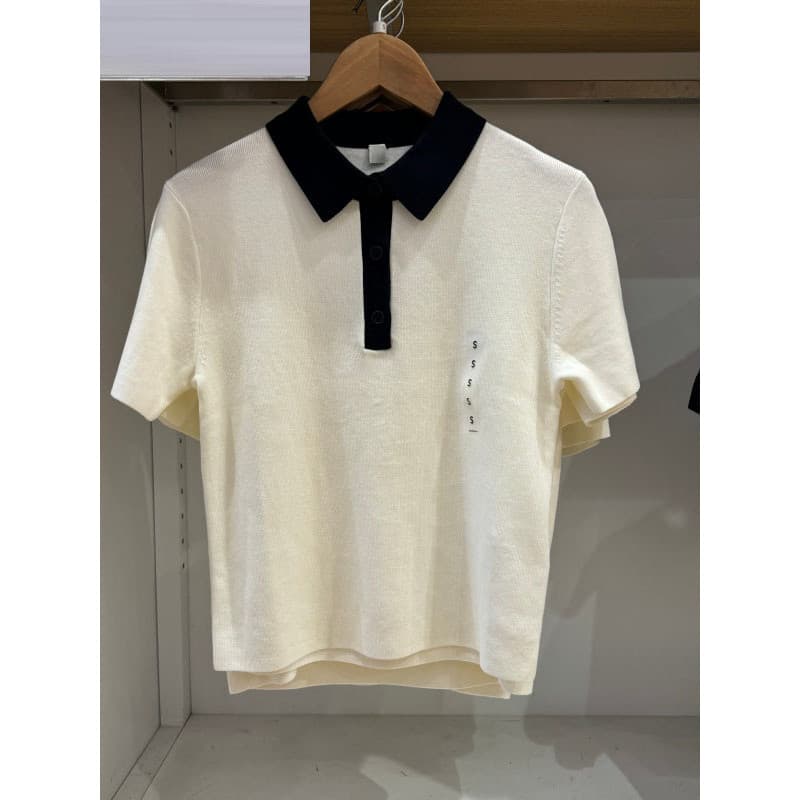 Suéter feminino de algodão Modal misturado com gola POLO e bloqueio de cores/suéter de manga curta485224 484607