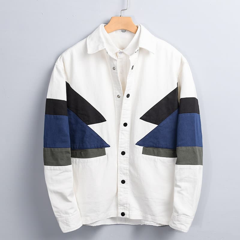 Algodão puro primavera outono novo estilo masculino contraste cor costura camisa masculina manga longa solta na moda alg