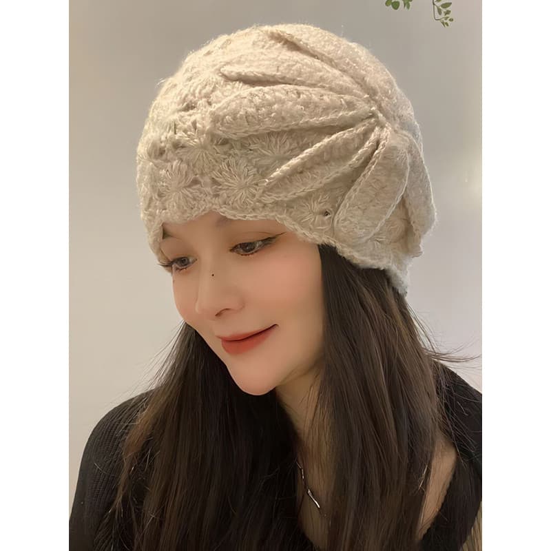 Chapéu Baotou de crochê artesanal, chapéu de lã de cabelo branco, outono inverno, à prova de frio, chapéu quente feminin