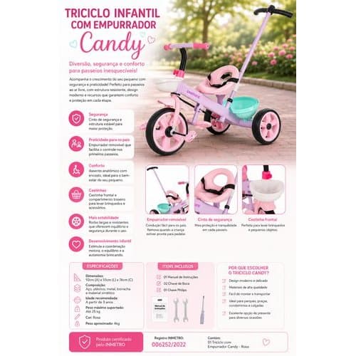 Triciclo Infantil Empurrador Ajustavel Assento Confortavel Cor Rosa Seguranca Praticidade Passeio Aprendizado