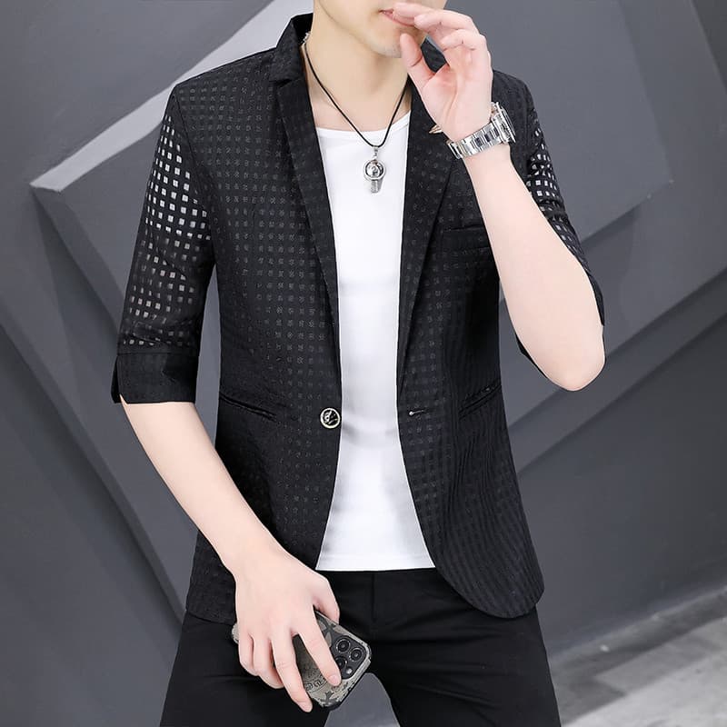 Verão estilo fino protetor solar pequeno terno masculino Casual manga média oco respirável fino ajuste cor sólida jaquet