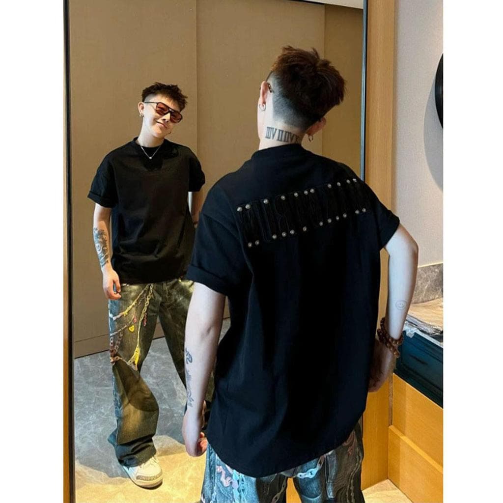 American Street Wear rebite camiseta de manga curta masculina verão rufião bonito High-End solto Casual em torno do pesc