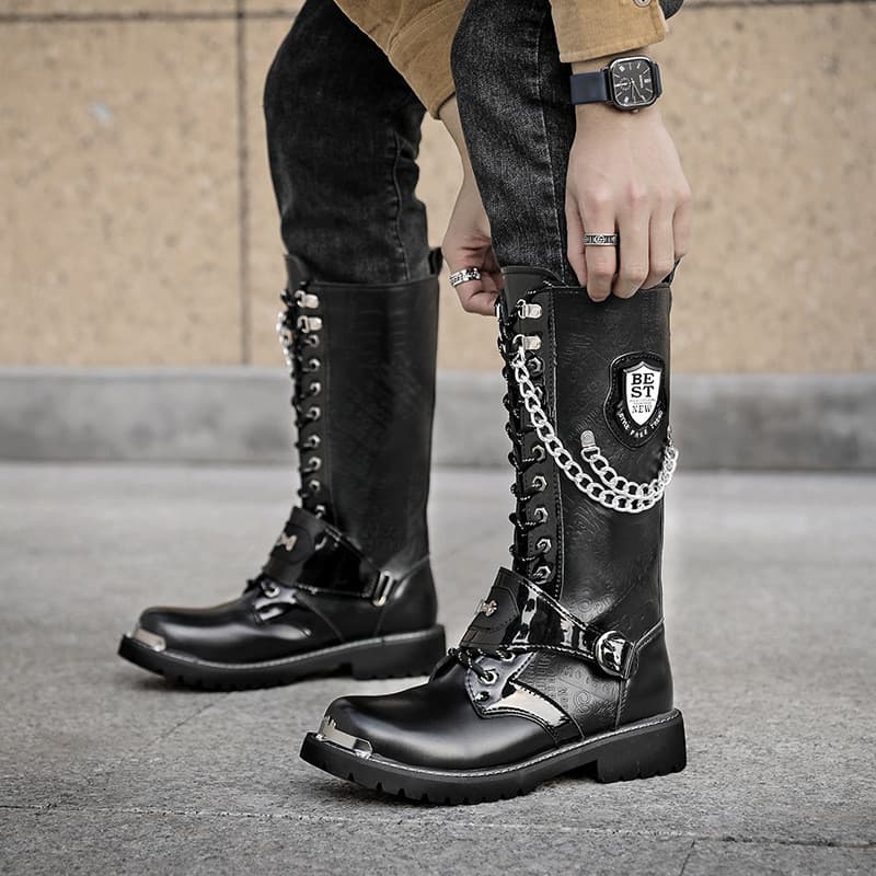 Versão coreana bonito tubo longo motocicleta botas de motociclista na moda homens combinando blusão Martin botas aumenta