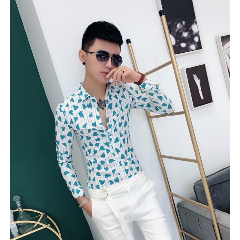 Magro novo estilo camisa de manga comprida versão coreana magro-ajuste impresso amor moda masculina impresso camisa Casu