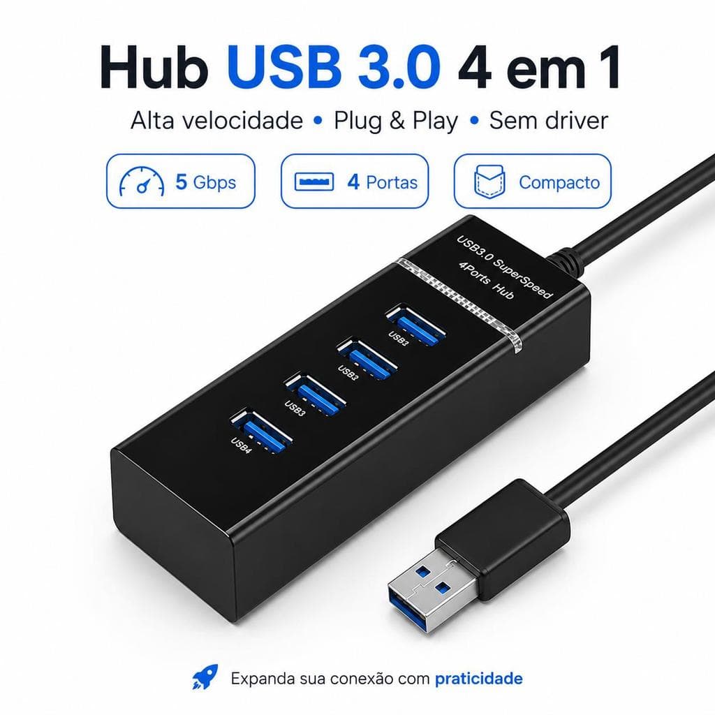 Hub USB 3.0 4 Portas 5Gbps Adaptador Extensor USB Plug & Play para Notebook PC Teclado Mouse Pen Drive