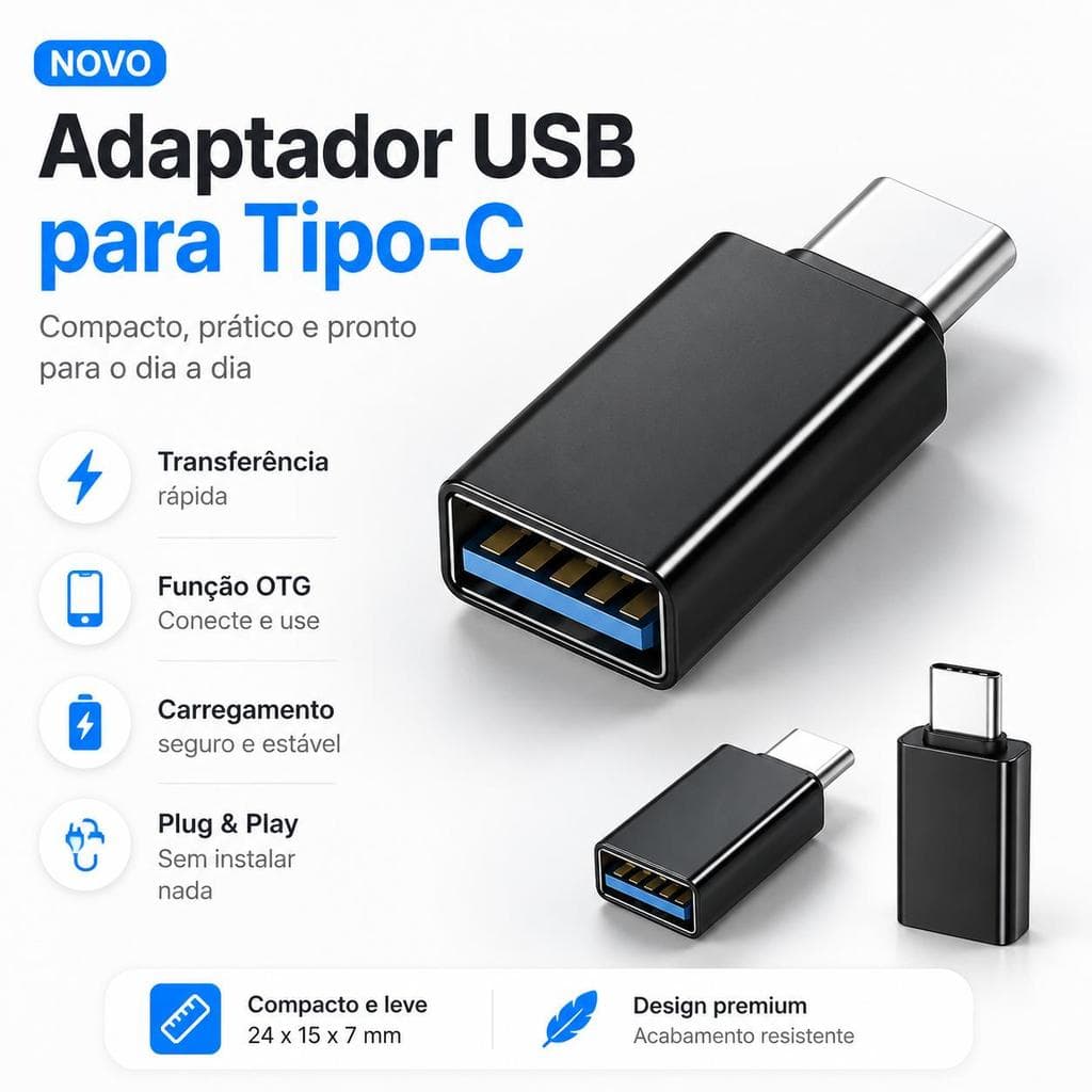 Adaptador USB para Tipo-C OTG Compacto, Conversor USB-A Fêmea para USB-C Macho, Suporta Pendrive, Cabo USB, Carregamento