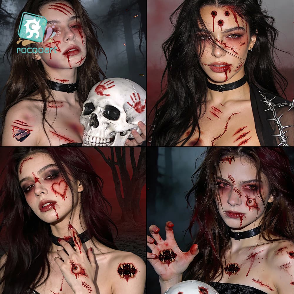 Novos Adesivos de Tatuagem Impermeáveis para Halloween/Tatuagem Realista de Cicatriz para Festa, Atmosfera de Carnaval,