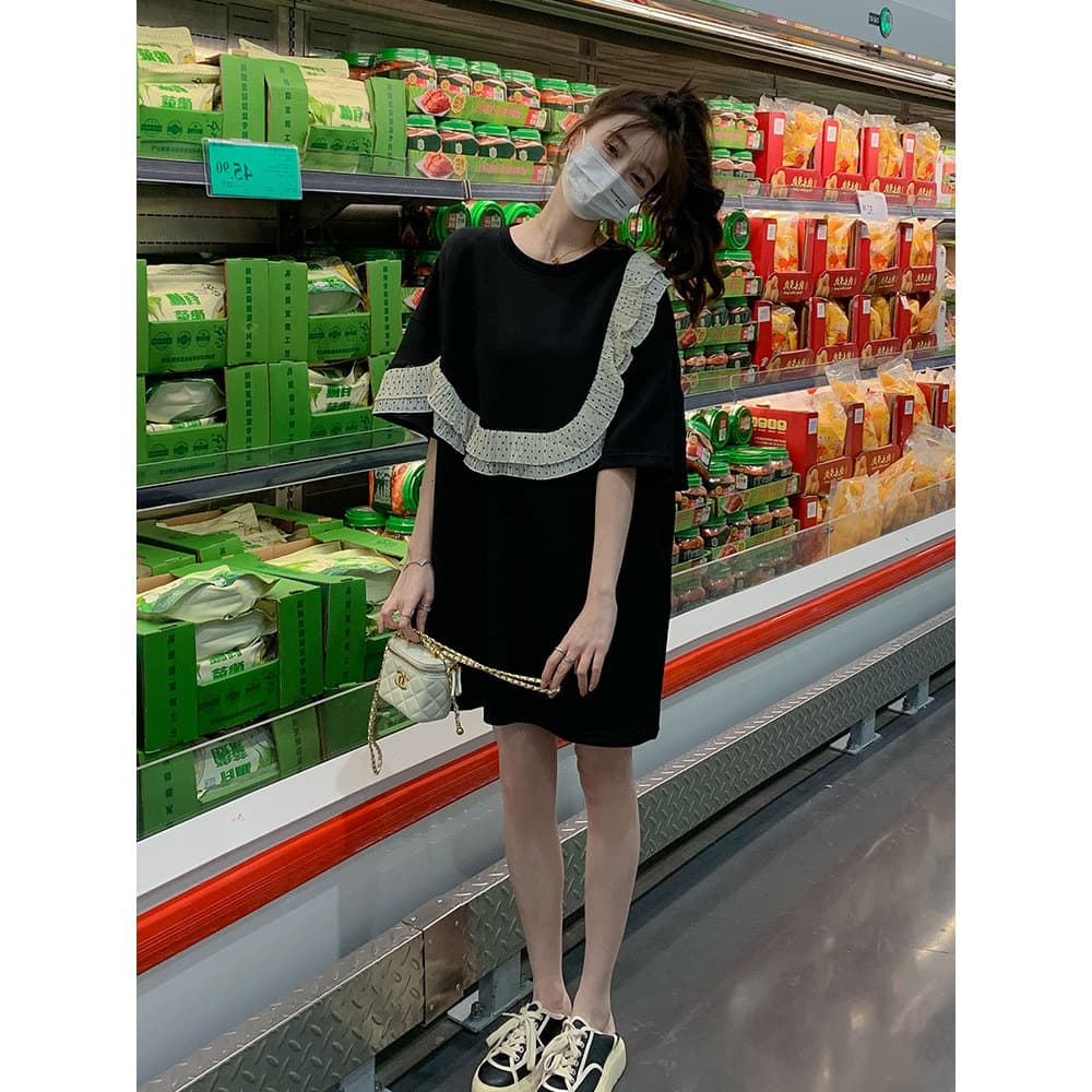Preto fungo borda Polka Dot costura vestido feminino saia média 2026 verão novo estilo solto Design de redução de idade
