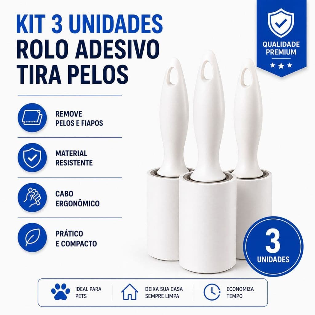 Kit 3 Rolo Adesivo Tira Pelos Remove Fiapos Roupas Sofás Pets