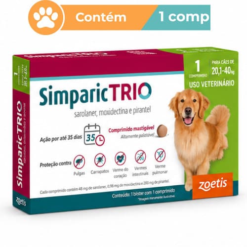 Antipulgas Simparic Trio 48mg Cães 20,1 a 40kg 1 Comprimido