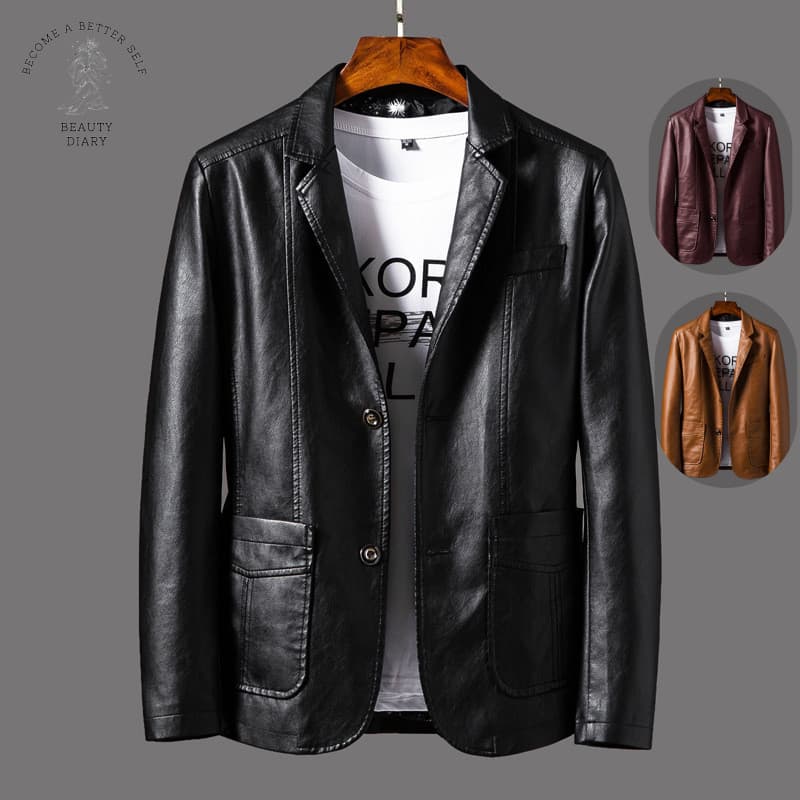 Blazer De Couro PU Masculino Fino Ajuste Casual Terno Jaqueta Estilo Coreano Motocicleta Motociclista Primavera Outono O