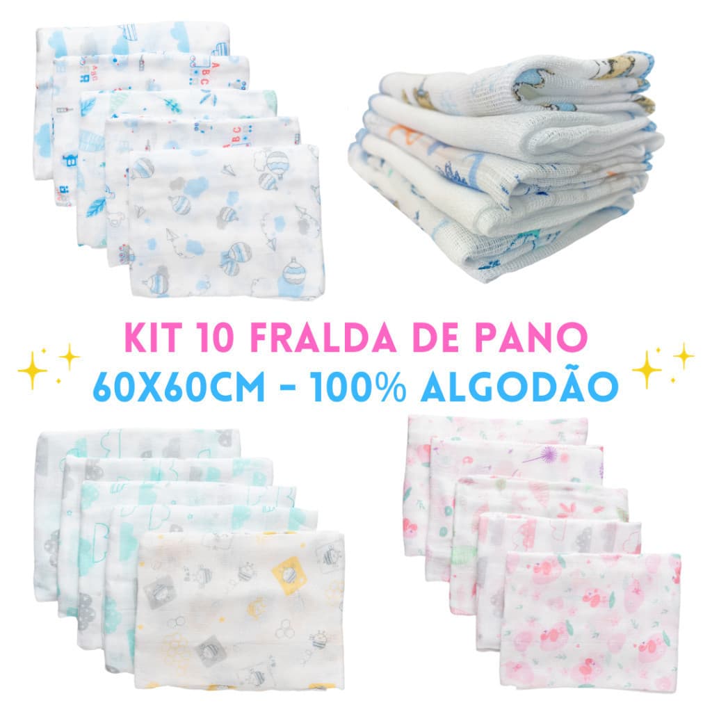 Kit de fraldas de pano com 10 unidades 60x60cm 100% algodão Minasrey Babador Toalha de Rosto Pano de Arroto Pano Estampa